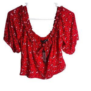 Pretty Little Thing Womens Off-shoulder Red Floral Ruffle Ruched Front Top Sz 20